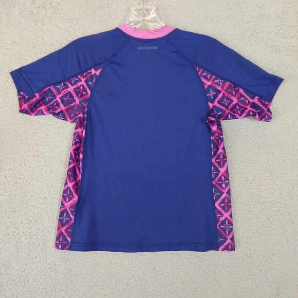 Patagonia Rash Guard Shirt Girl's Large Blue Pink Short Sleeve Mock Neck Swim - Picture 6 of 10